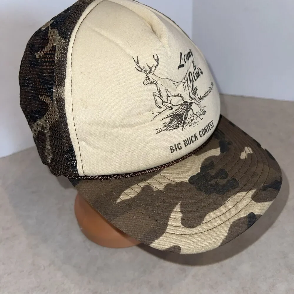 Vtg Deer hunting camo hat Men Snapback Lenny Jim’s Big Buck Contest Cap San Sun